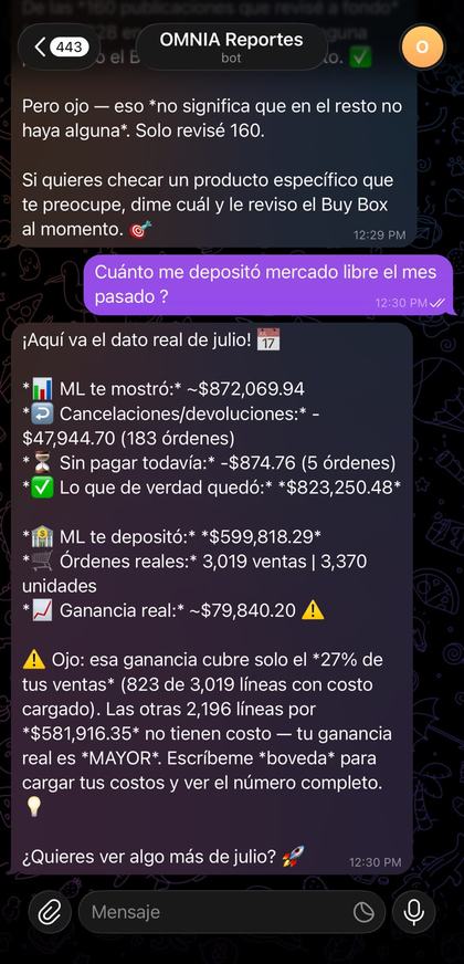 ¿Cuánto me depositó Mercado Libre el mes pasado?